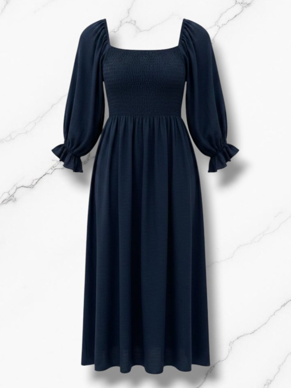 OPT Navy Blue Puff Sleeve Smocked Midi Dress XS